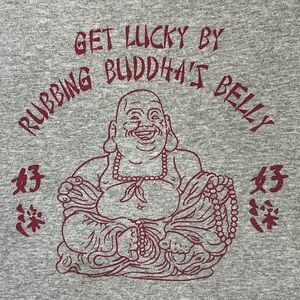 Mens‎ Gray Graphic T-Shirt Laughing Buddha Get Lucky By Rubbing Buddhas Belly M